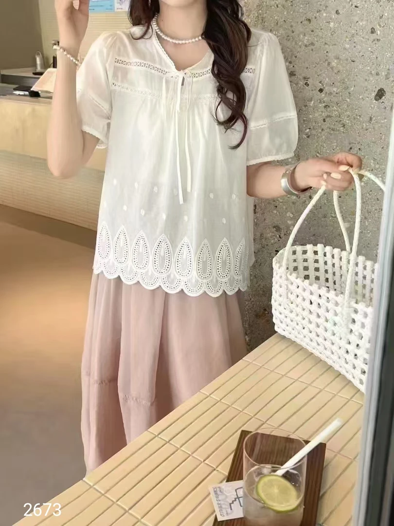 【红姐大码】2673夏季立体刺绣法式泡泡袖百搭别致短袖衬衫