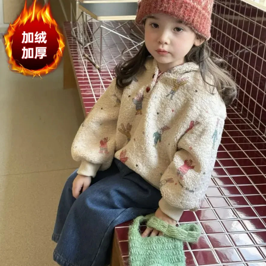 女童毛毛衣2025新款冬季可爱加绒卡通套头加厚一体绒牛仔裤套装潮