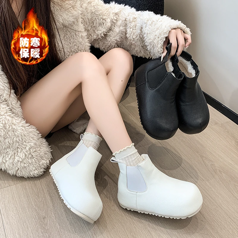 超火内增高荔枝纹加绒短靴女冬季爆款棉靴厚底保暖显瘦皮面雪地靴