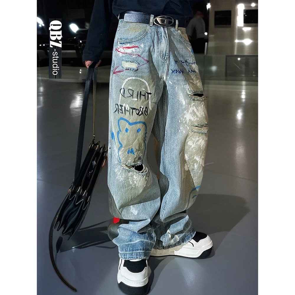 QBZ巴黎潮牌涂鸦做旧男破洞宽松直筒牛仔裤垂坠感嘻哈印花阔腿裤