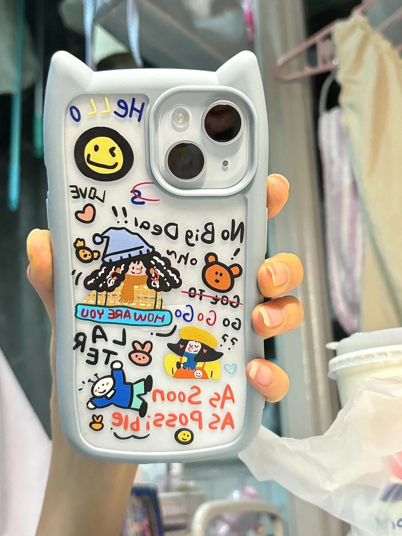 小众涂鸦字母女孩适用iPhone16手机壳14promax13猫耳朵可爱苹果15