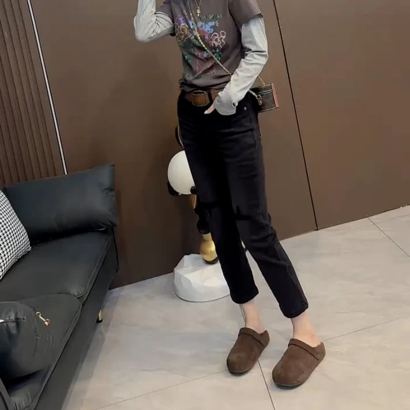 秋季黑灰假破洞直筒牛仔裤女新款大码胖mm修身弹力显瘦九分烟管裤