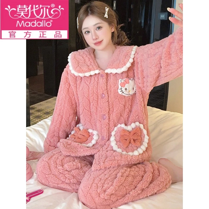 莫代尔微胖女冬季睡衣大码珊瑚绒睡衣女秋冬季加厚保暖甜美胖MM20