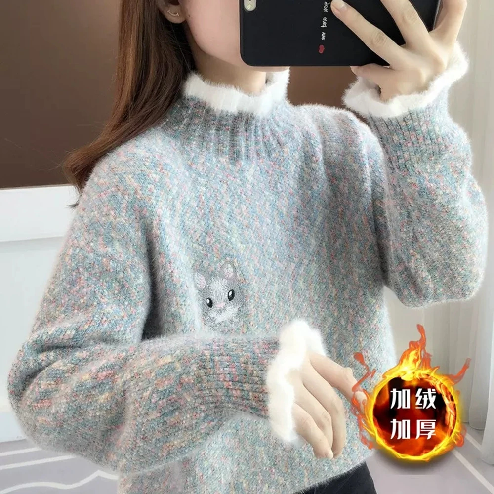 女大童毛衣12-15岁加绒加厚半高领学生女孩秋冬季刺绣保暖打底衫