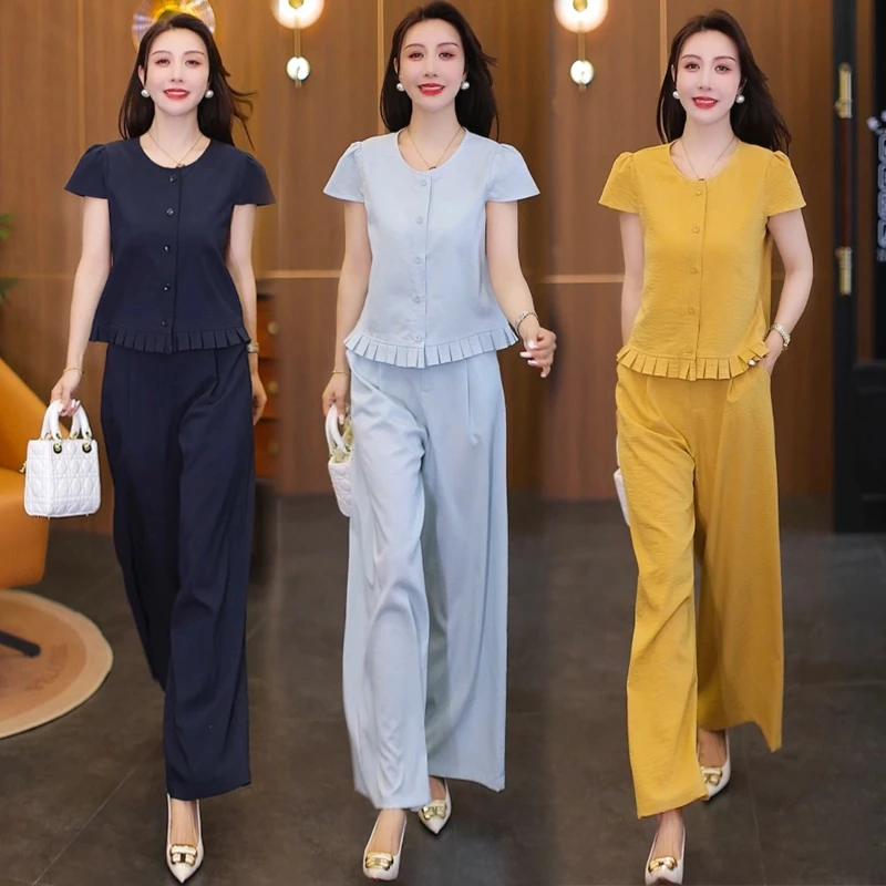 2025夏季新款木耳边短袖上衣阔腿裤两件套时尚洋气显瘦套装