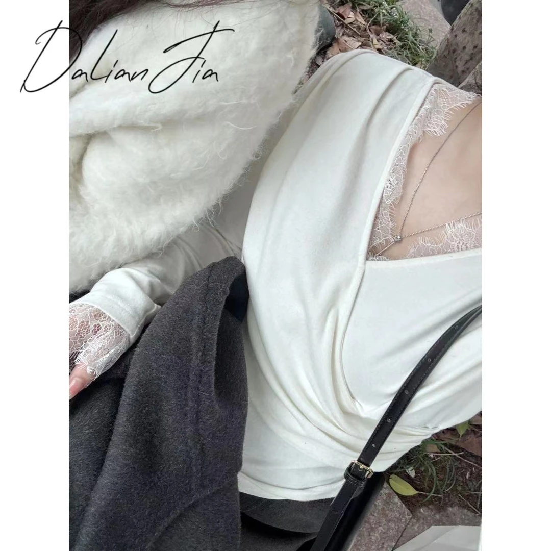 晶咕【蕾丝交叠】辣妹蕾丝拼接上衣长袖打底显瘦时尚修身气质