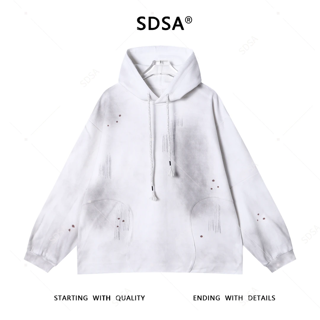 SDSA男士秋冬新款痞帅男装潮牌扎染解构抽绳连帽卫衣套头百搭宽松