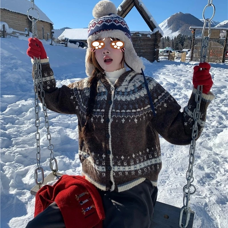 氛围感费尔岛提花连帽针织开衫女秋冬北欧风撞色复古慵懒毛衣外套