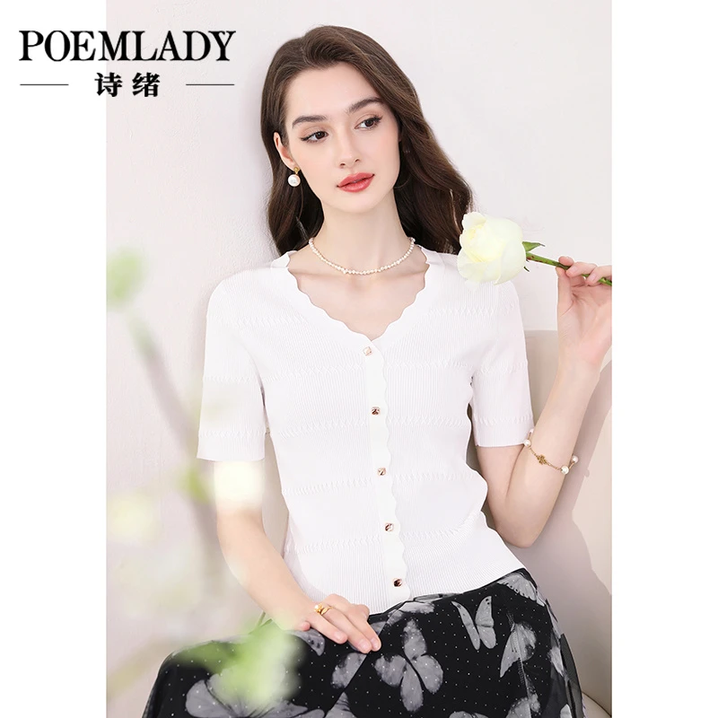 诗绪65995波浪花边V领短袖针织衫女春秋2025新款气质修身正肩上衣
