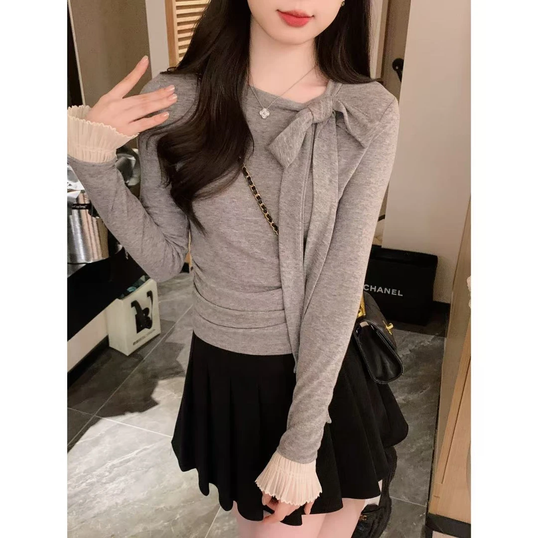 【现货】小奶盖 纯欲百搭洋气显瘦蝴蝶结系带花灰色打底上衣