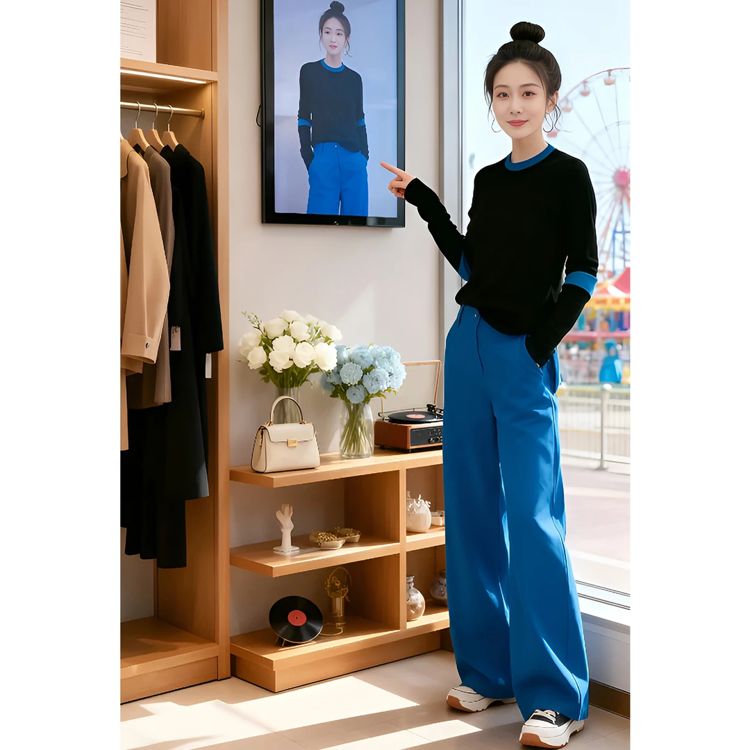 时尚休闲套装女2026春秋新款气质撞色拼接长袖上衣阔腿长裤两件套
