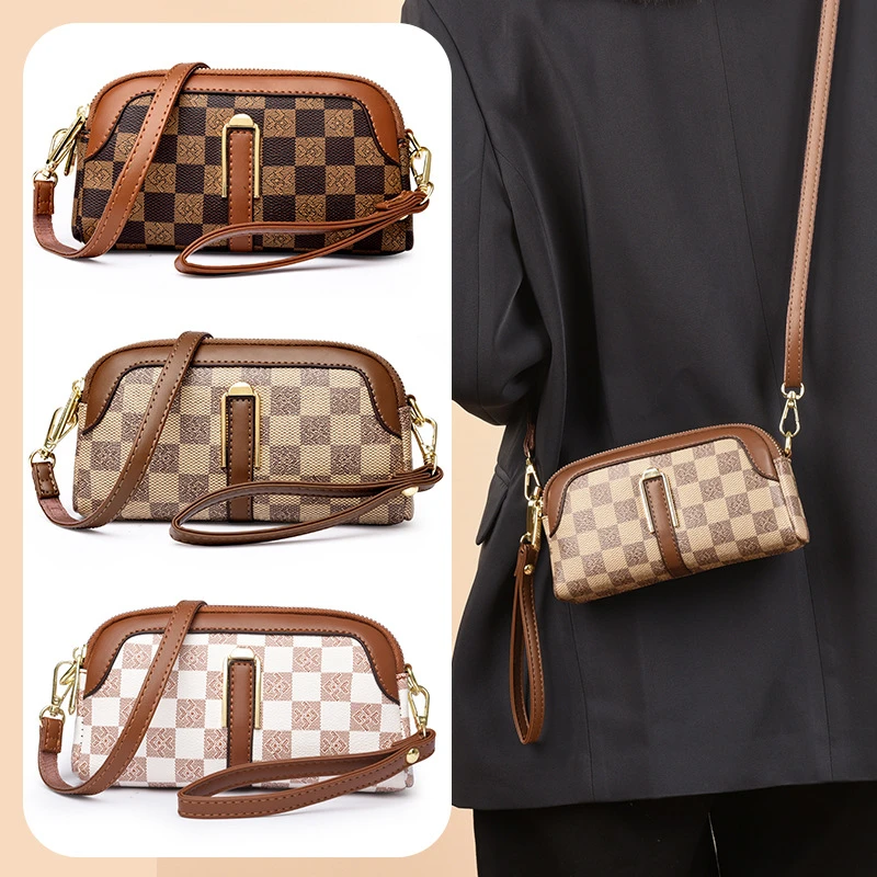 跨境新款棋方格女包时尚百搭妈咪手拿包中年女士手机包单肩斜挎包