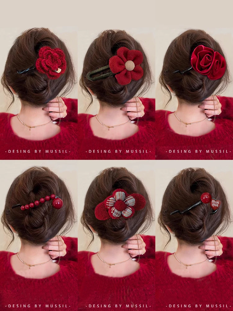 新年红色花朵发夹女2024新款高端后脑勺气质一字扭扭夹子发卡头饰