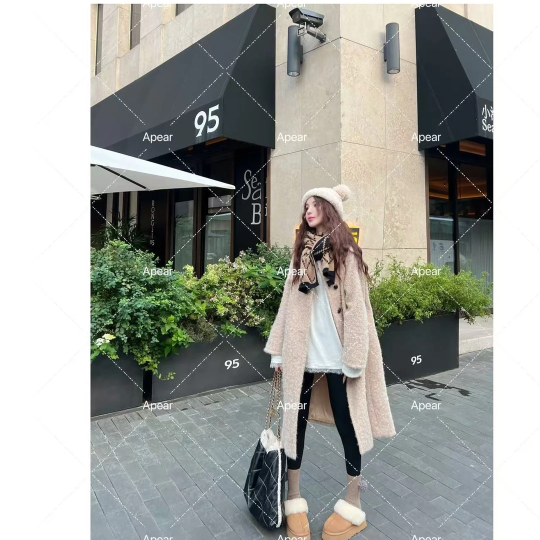 APear♥沫白情言~韩系显瘦百搭设计感排扣圆领中长款毛呢大衣