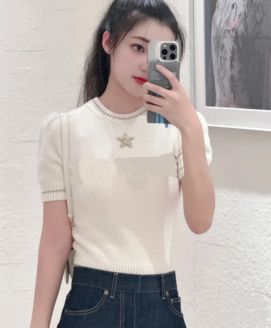 SANSIS 五角星金丝刺绣圆领短袖羊毛毛衣