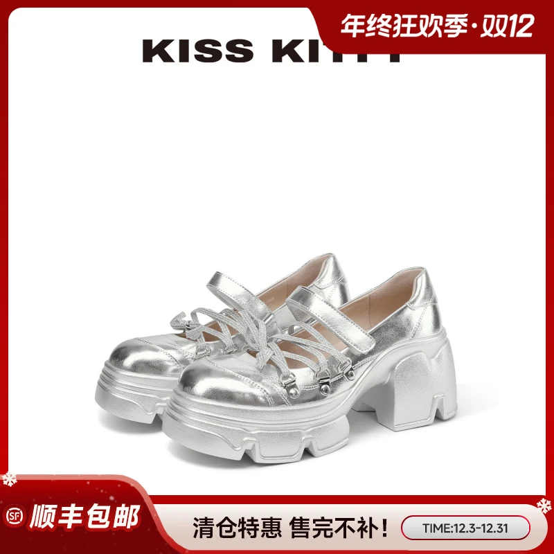 KISSKITTY【清仓特价】芭蕾风运动玛丽珍鞋2025款蝴蝶结系带增高厚
