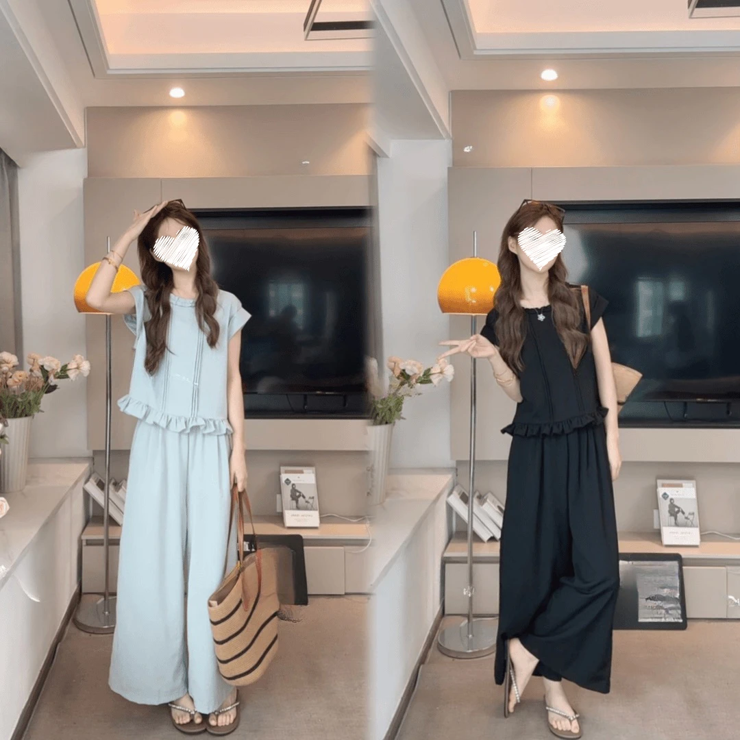 韩系大码微胖夏季新款显瘦套装2025年夏季减龄木耳边女装套装