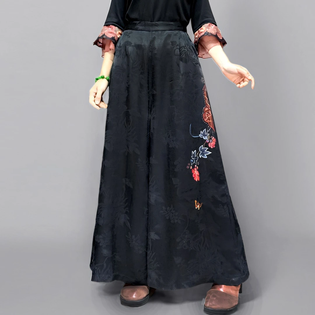 新中式国风原创民族风重工刺绣气质高腰阔腿裤显瘦百搭春装长裤女