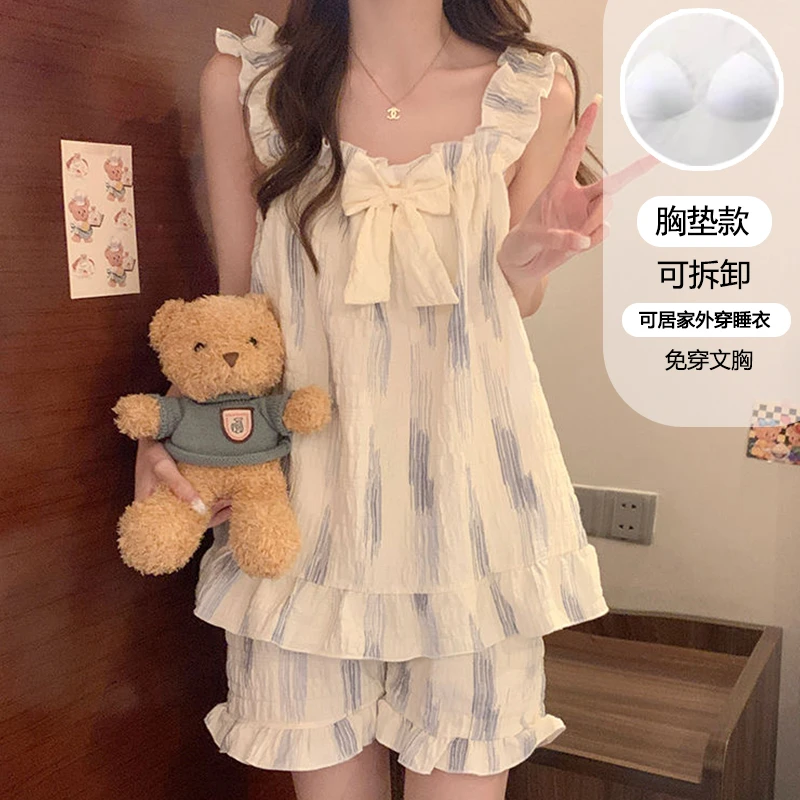 【星】夏日吊带无袖甜美可爱蝴蝶结带胸垫学生宿舍套装可外穿522
