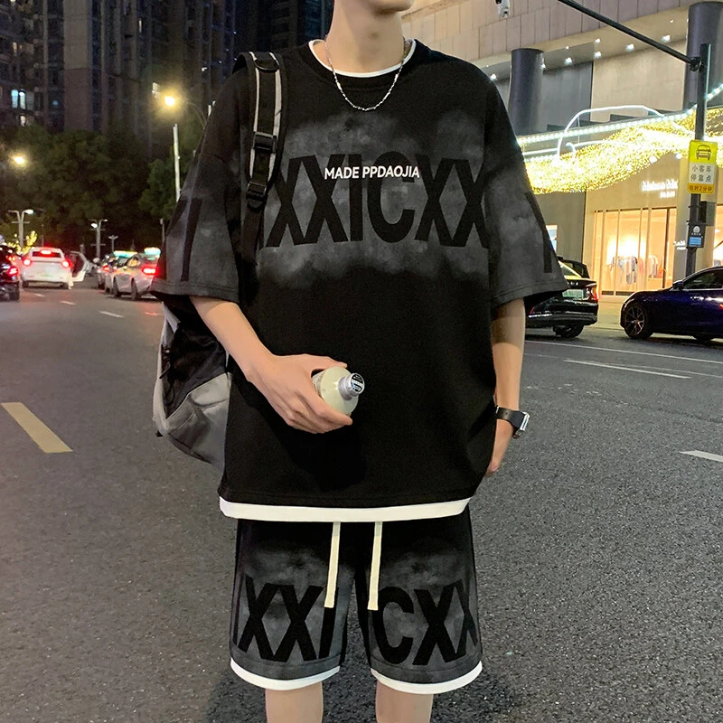 假两件菠萝纹短袖短裤套装男士夏季装大码青少年渐变字母两件套潮