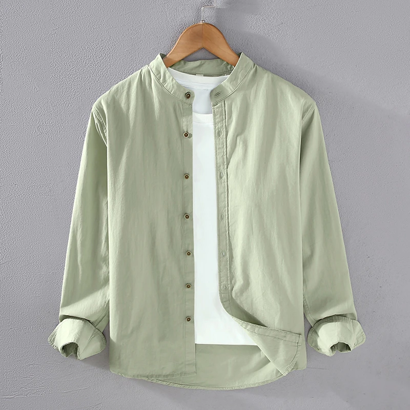 Cebrodz中式纯棉男士长袖衬衫圆领宽松春秋款内搭上衣休闲衬衣