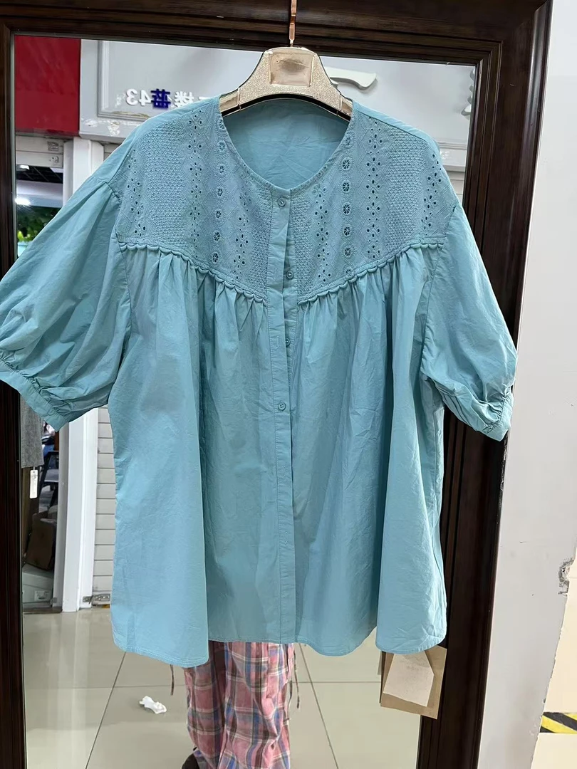 8155黄姐定制圆领中长款短袖蕾丝荷叶边宽松小衫