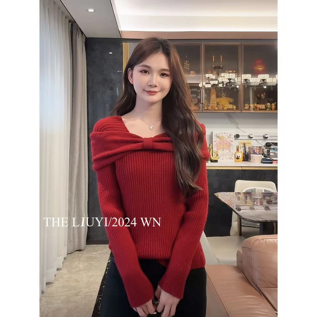 【LIUYI】情人结~蝴蝶结一字肩方领长袖针织毛衣412183