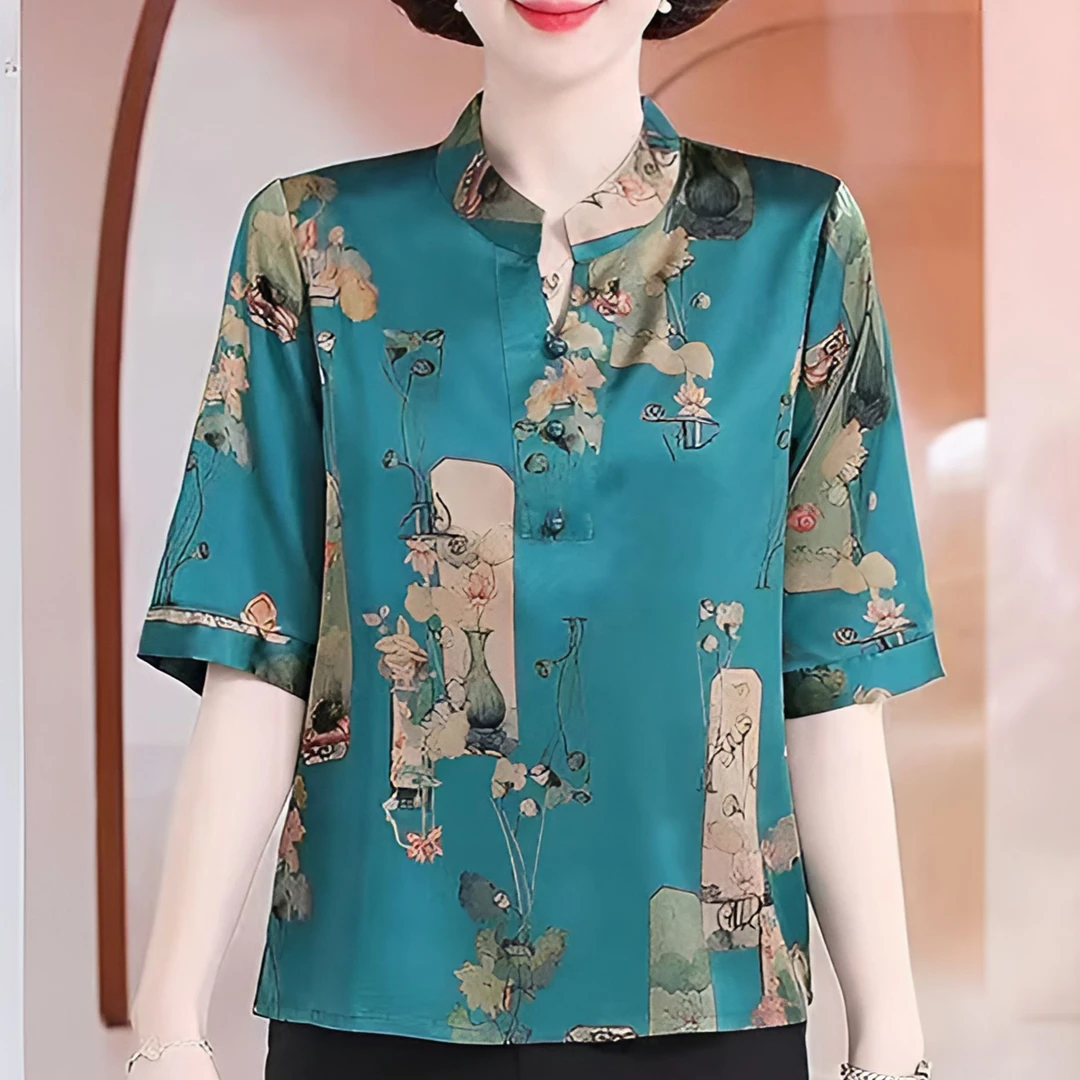 洋气显瘦时尚大码宽松印花气质中老年夏季遮肚中袖小衫#2348