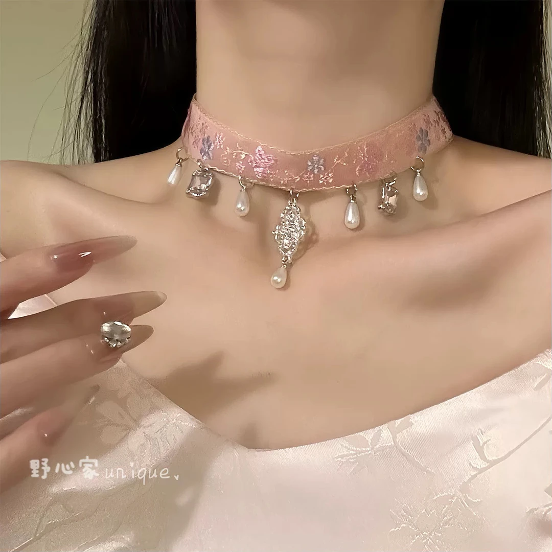 非金属布艺吊坠 【粉黛佳人】新中式甜美刺绣项链珍珠choker锁骨链