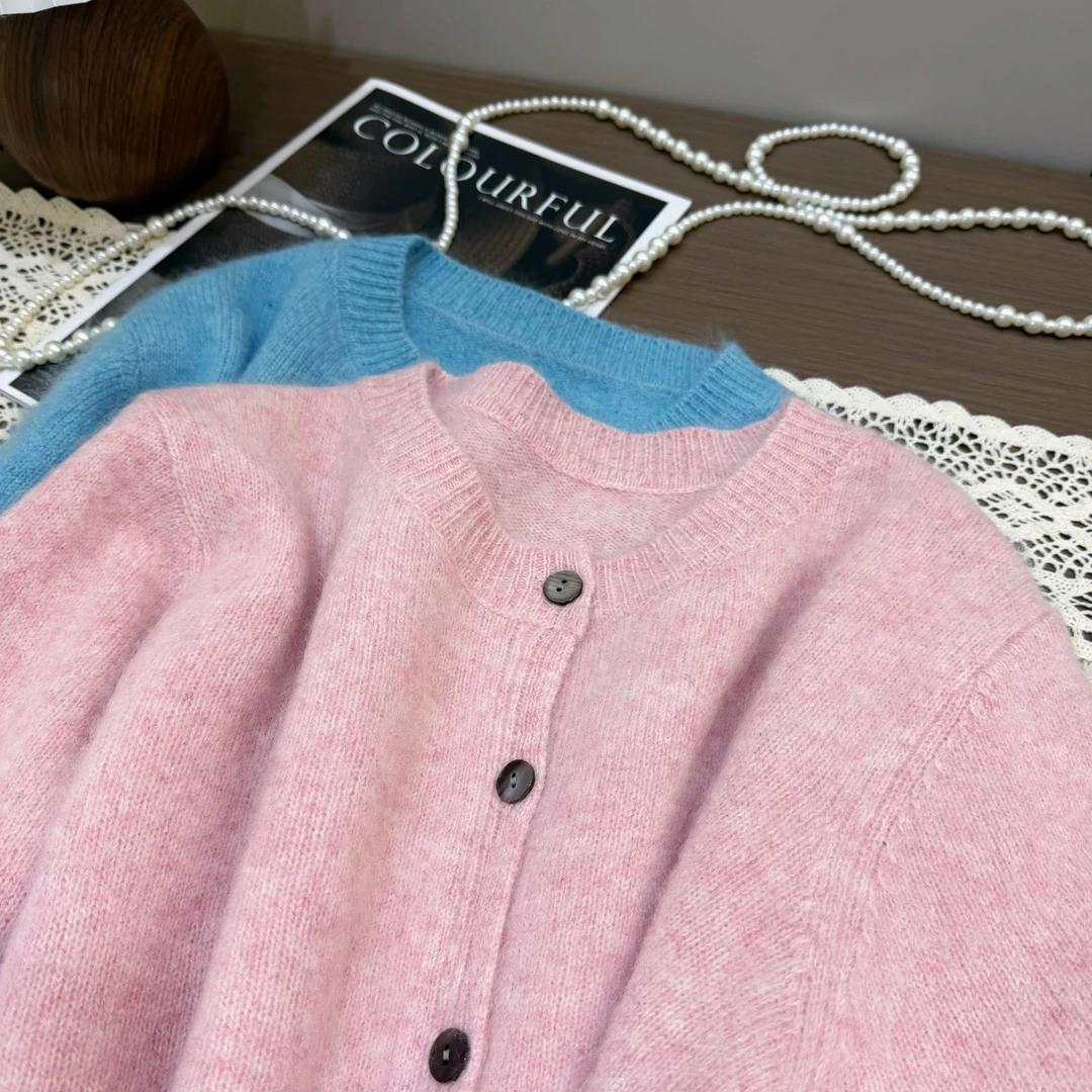 全羊毛圆领纯色毛茸茸简约针织开衫百搭毛衣外套女