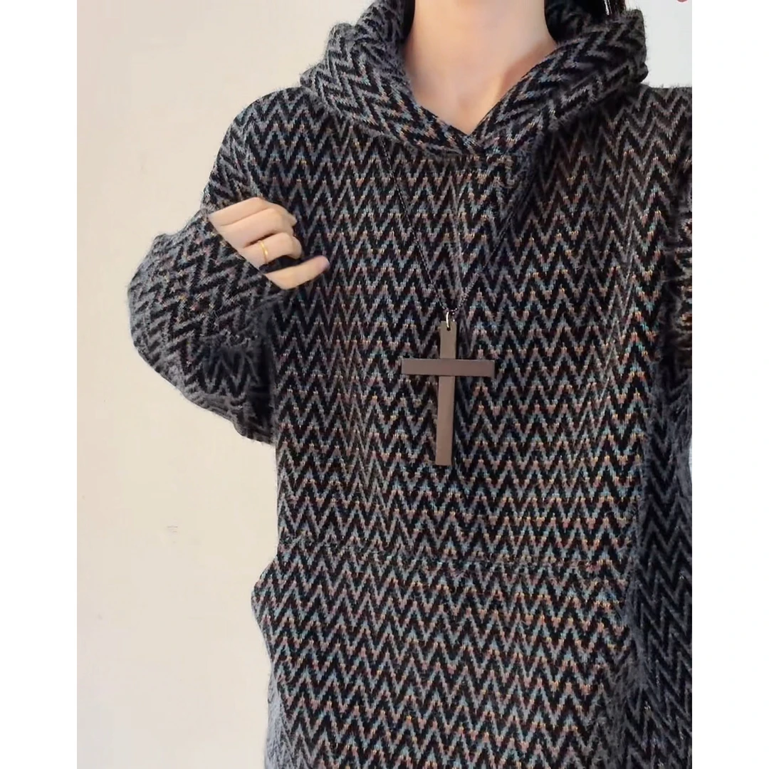 美式人字纹针织连帽卫衣男款冬季加厚高级感痞帅老钱风毛绒绒外套