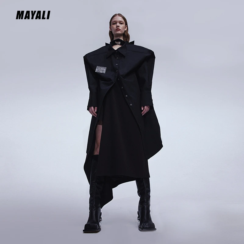 MAYALI 23SS 黑色垂感几何不对称半裙不规则中长款显瘦半身裙女