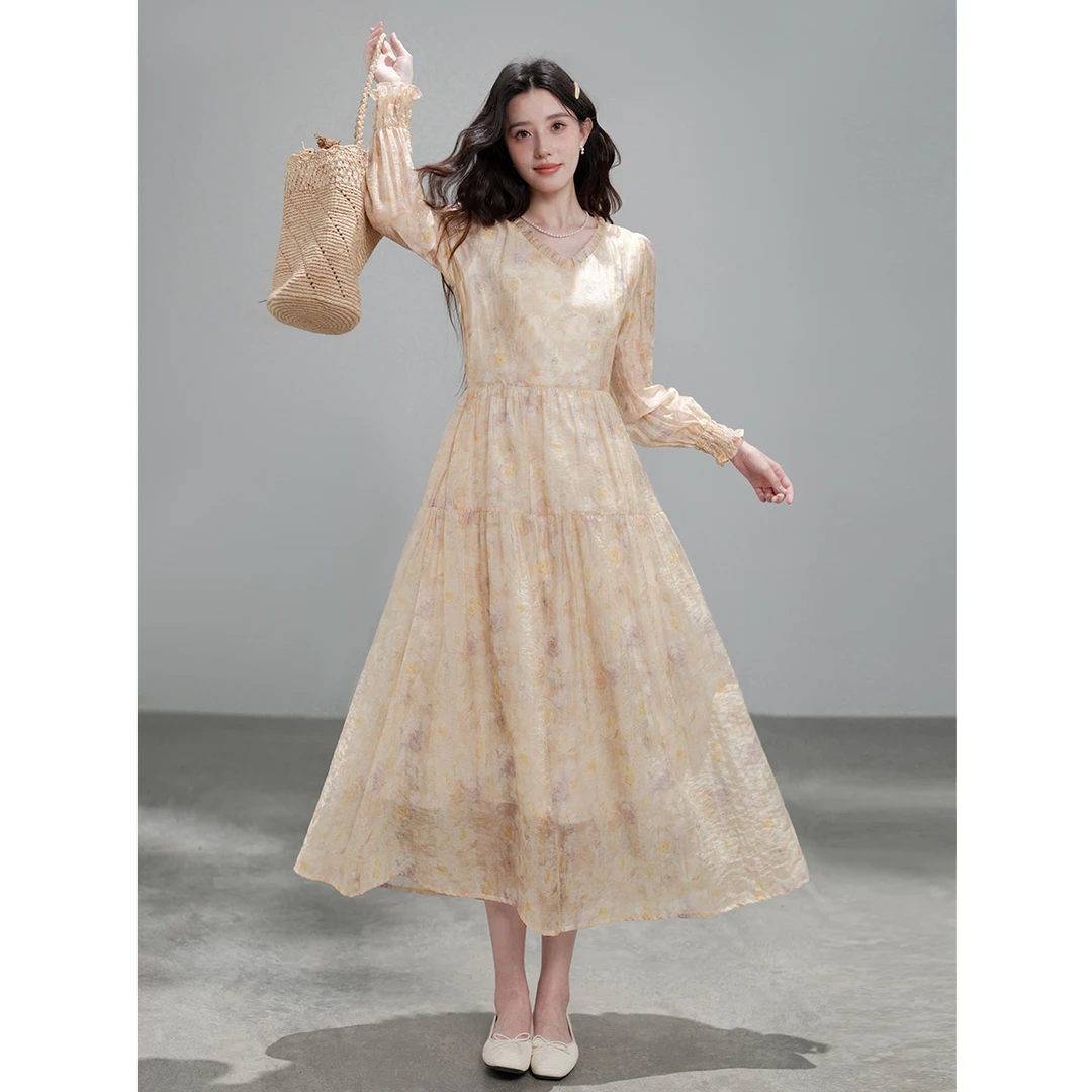 木易易【清仓】法式油画碎花连衣裙女温柔风秋季长裙MY24601
