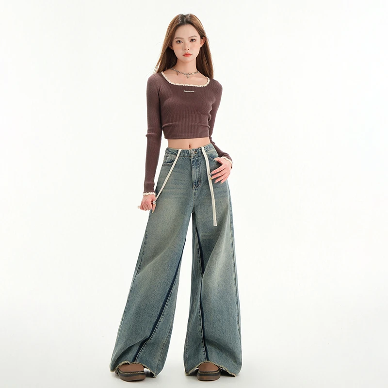 Roxy复古解购设计感阔腿牛仔裤女宽松显瘦休闲裤拖地裤长裤子