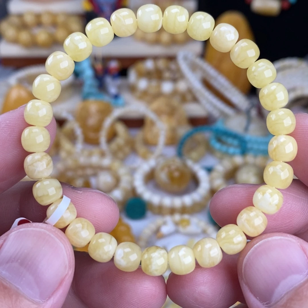 蜜蜡未镶嵌手链浓蜡瓷白花7mm高桩