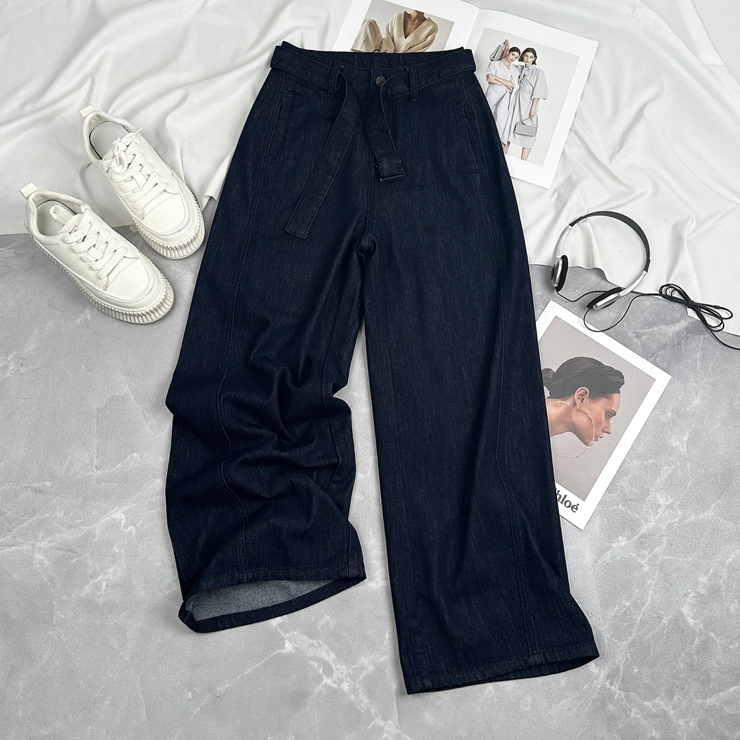 丹宁蓝水洗直筒牛仔裤女2025夏季新款显瘦宽松垂感遮肉阔腿休闲裤