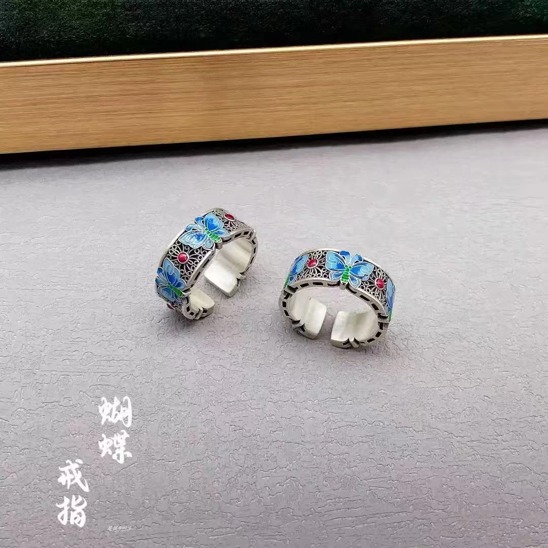 足银戒指 景泰蓝炫彩排戒五彩镶嵌蝴蝶彩色烧蓝个性指环民族风