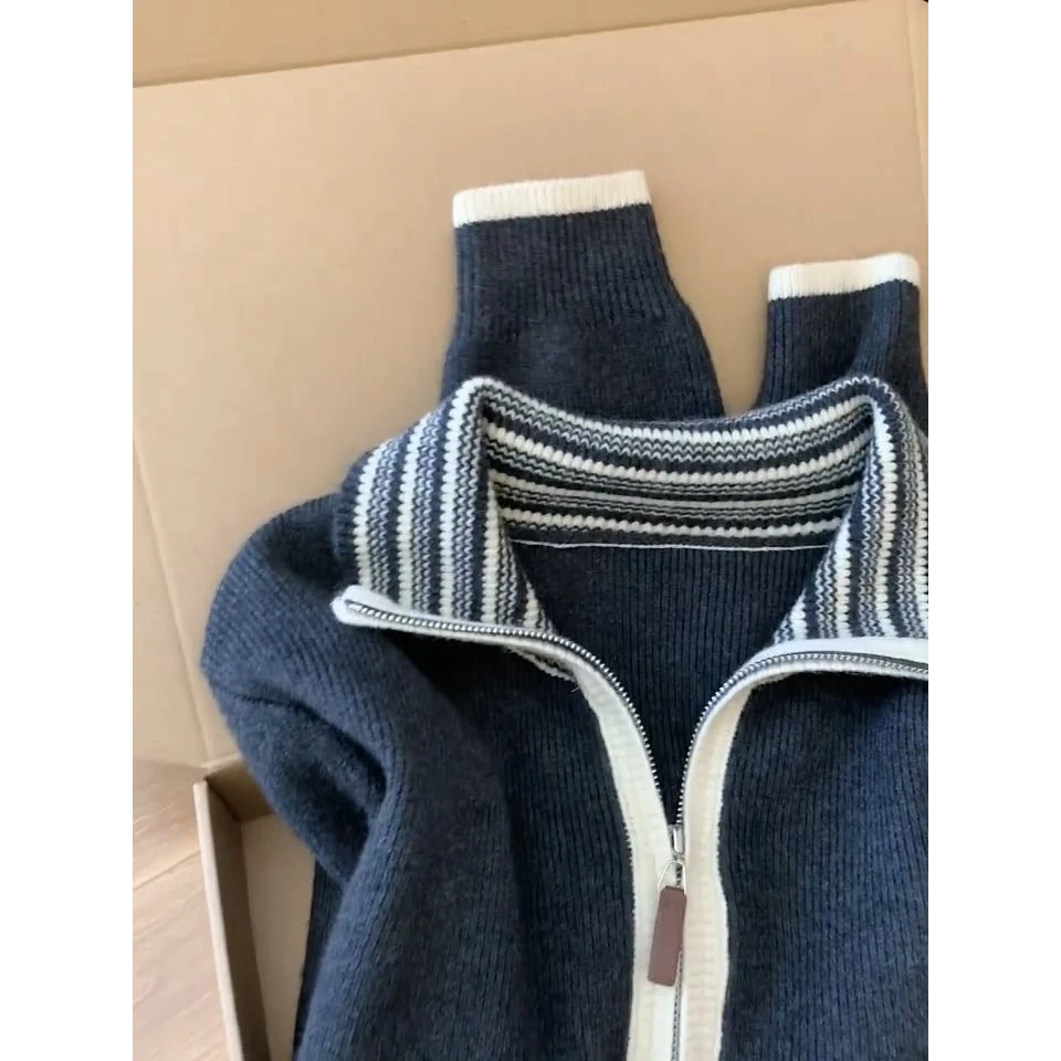 高级感韩系慵懒风半拉链立领毛衣秋冬新款休闲洋气撞色百搭毛衣女