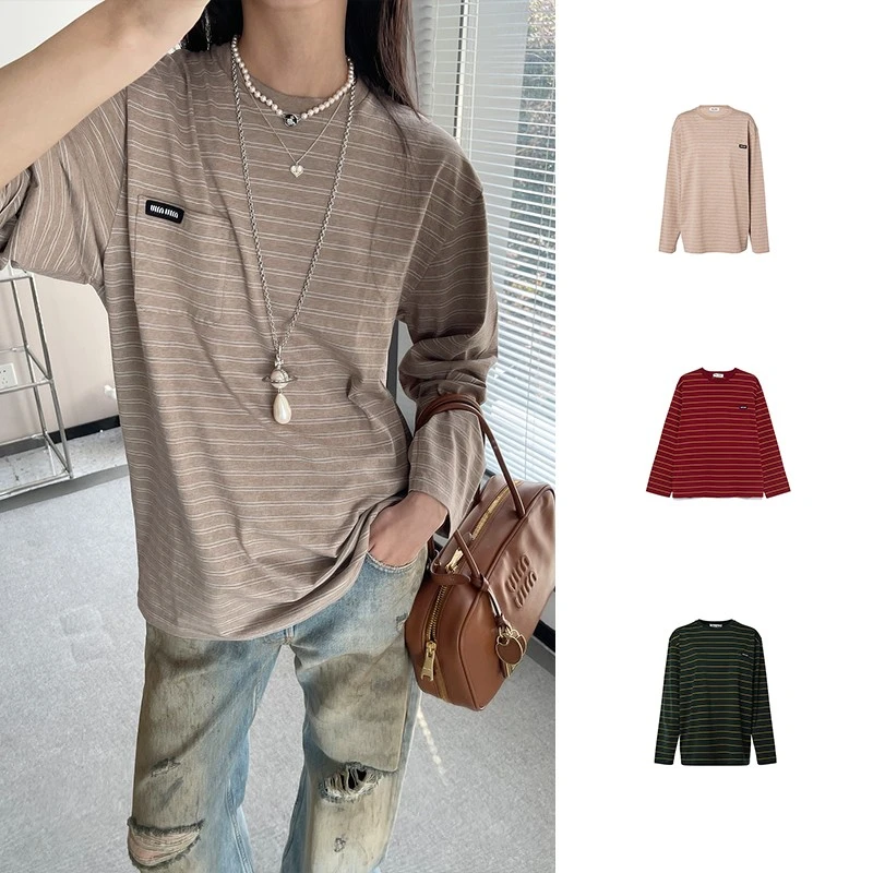 全新未使用 MIU MIU/缪缪 徽标条纹长袖T恤