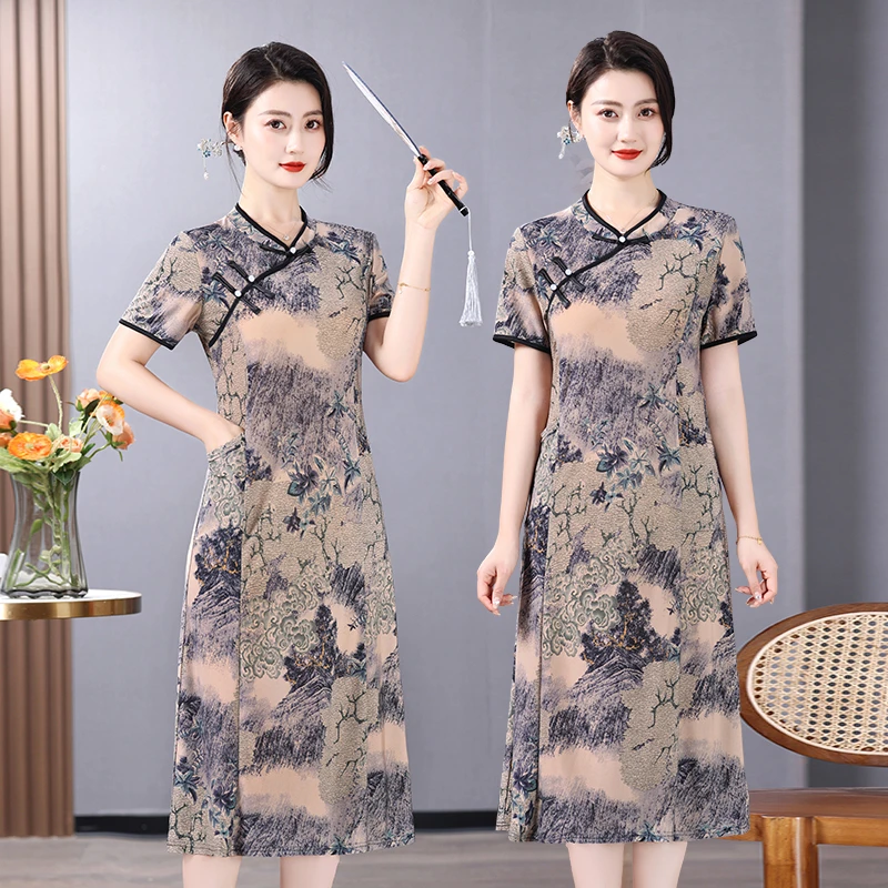 夏季新款妈妈装水墨画国风旗袍中长款水滴领妈妈装改良旗袍裙