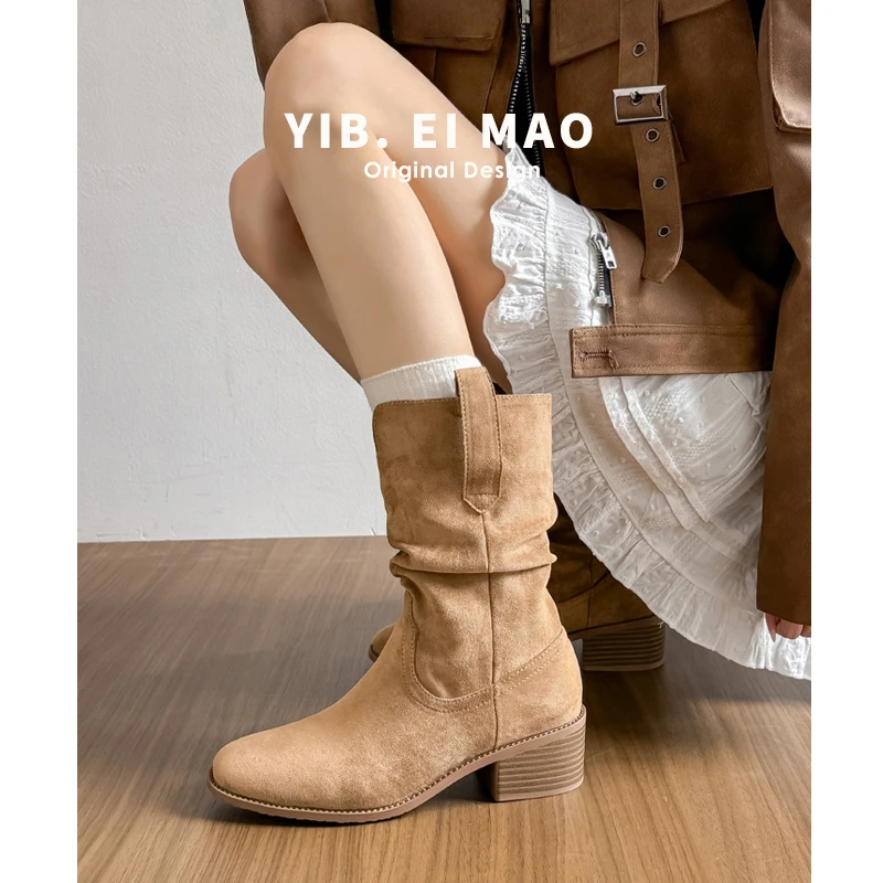 圆头V口粗跟厚底显瘦西部褶皱堆堆靴小个子内增高中筒马丁短靴女