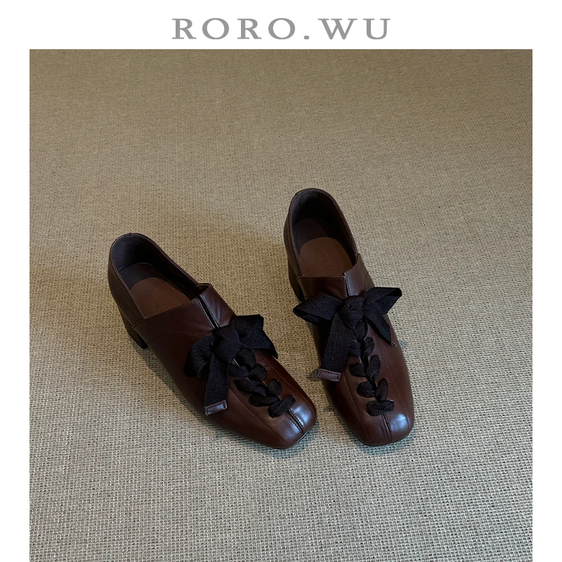 娆娆吴·头层牛皮复古文艺芭蕾风系带玛丽珍秋冬新款深口单鞋女E21