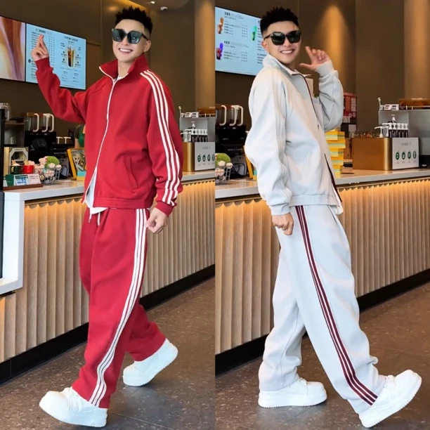 秋季美式撞色三条杠立领休闲套装男红色战袍洋气炸街痞帅外套卫裤