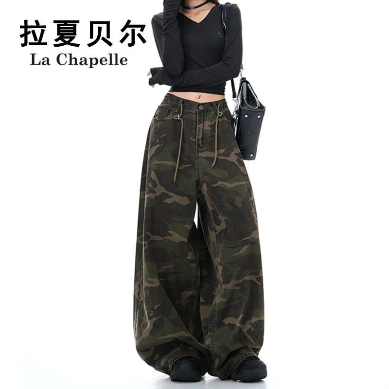 拉夏贝尔美式高街迷彩裤女秋季潮流工装牛仔裤显瘦宽松休闲阔腿裤