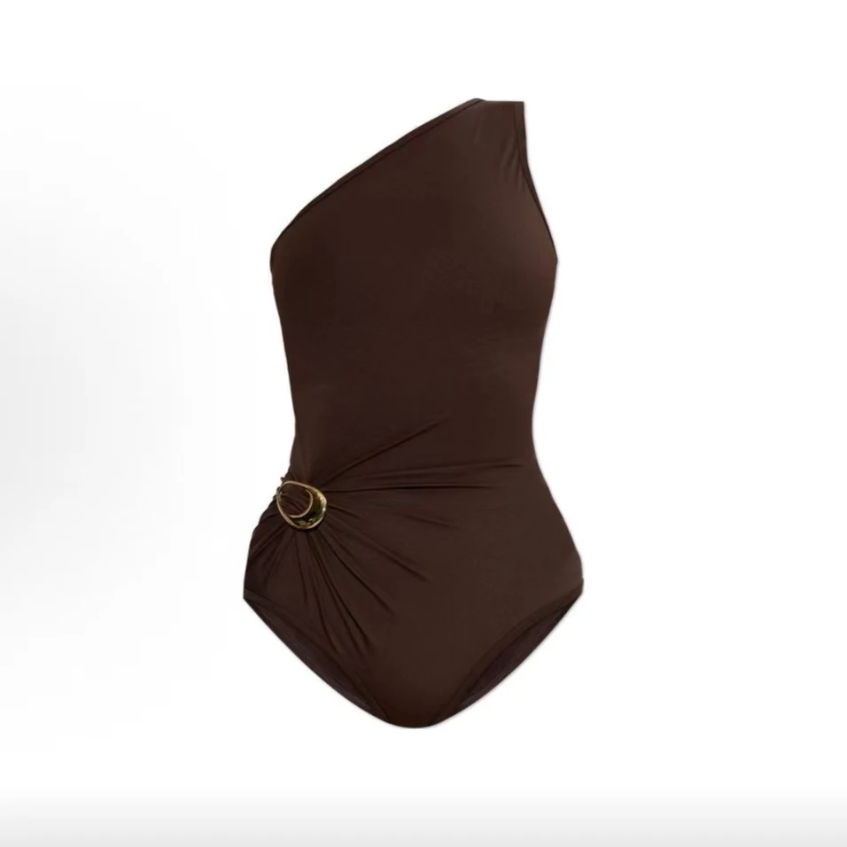 未使用 BOTTEGA VENETA/葆蝶家 纯色单肩斜领无袖连体泳装 棕色