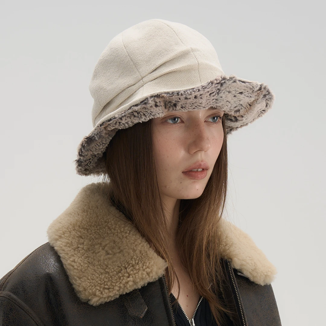 JOJOKUR小众爆款体质灰绒米白渔夫帽不对称毛边造型高辨识度秋冬