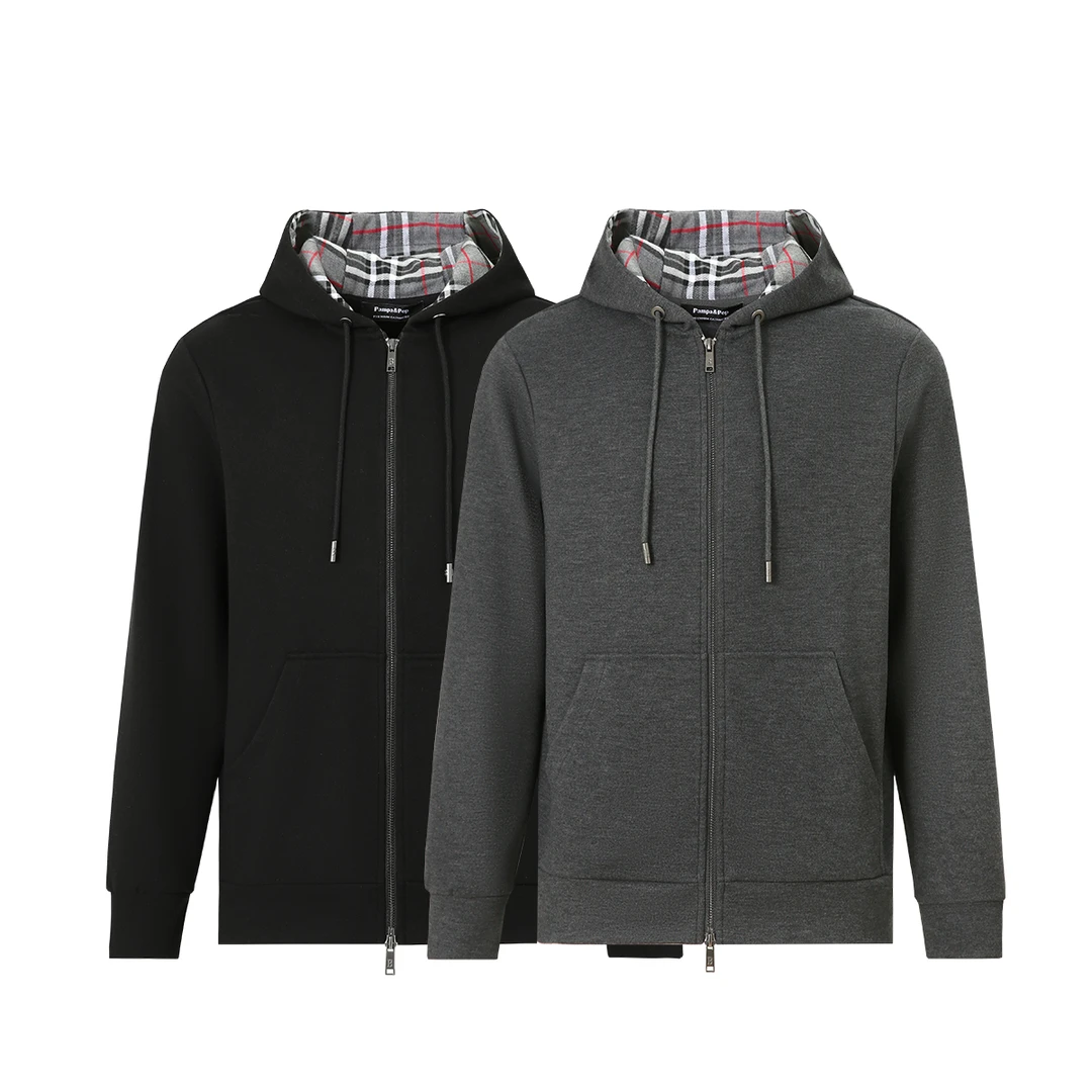 英伦轻奢 经典格纹男士秋季轻奢羊毛混纺连帽拉链开衫夹克外套