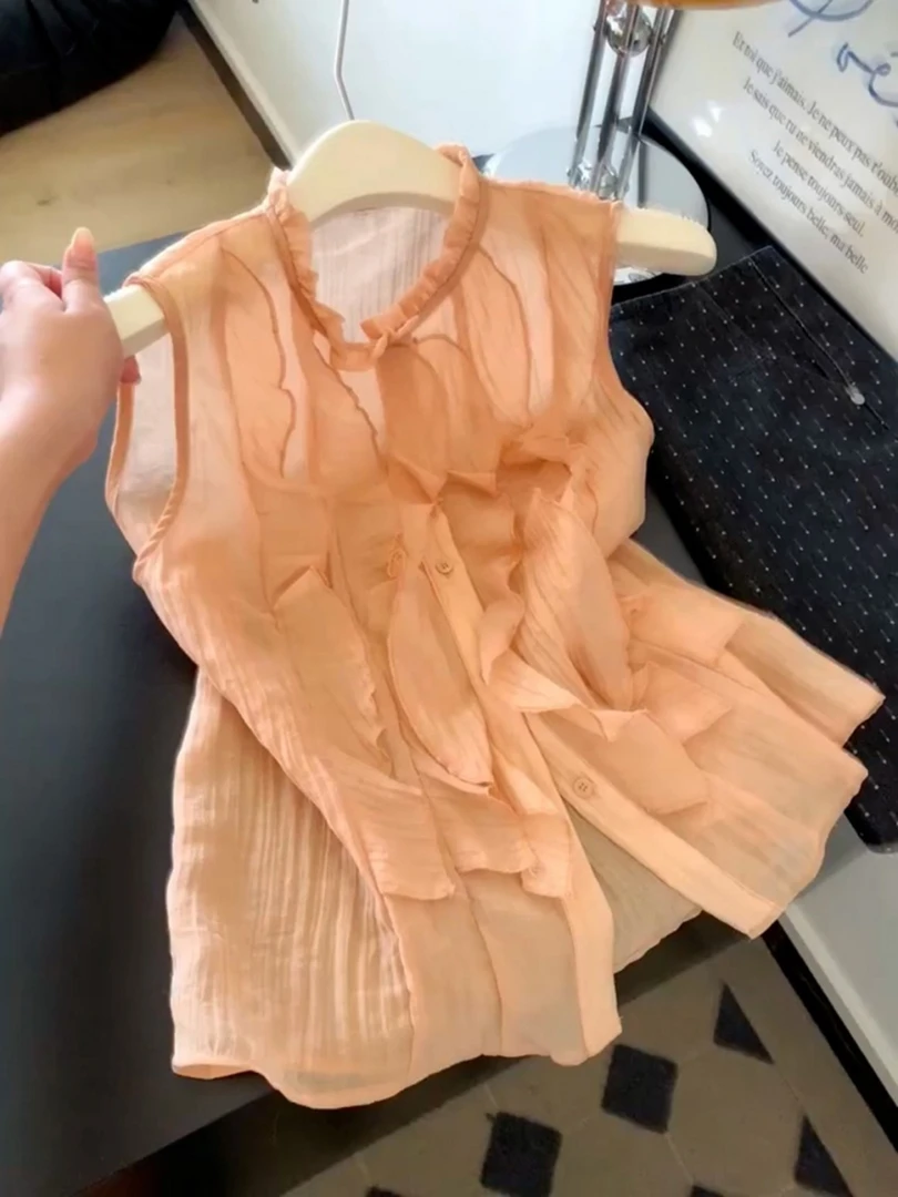 法式轻熟风洋气减龄上衣多巴胺绝美漂亮橘色荷叶边无袖衬衫女夏季