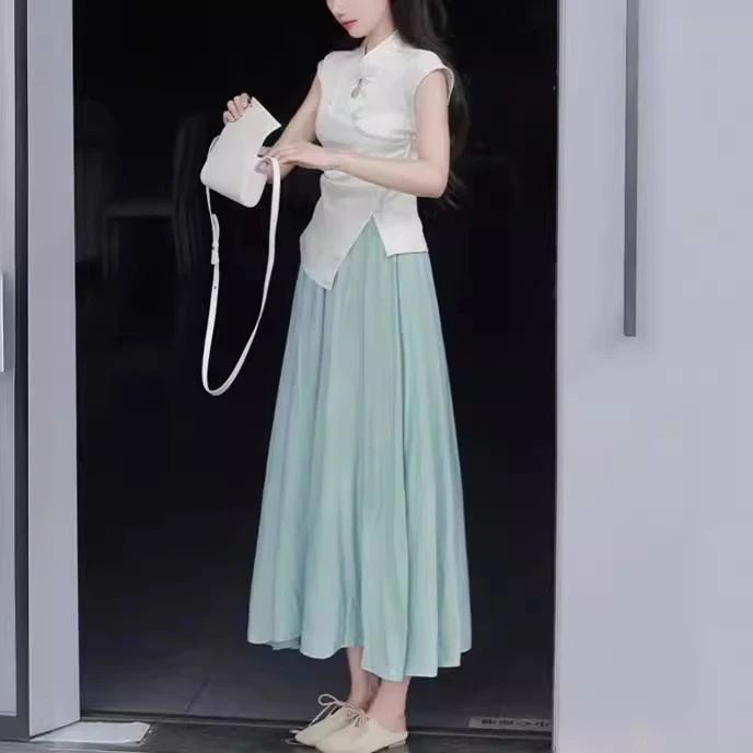 新中式国风禅意清冷感无袖盘扣镂空旗袍衬衫绿色扎染半身裙套装女