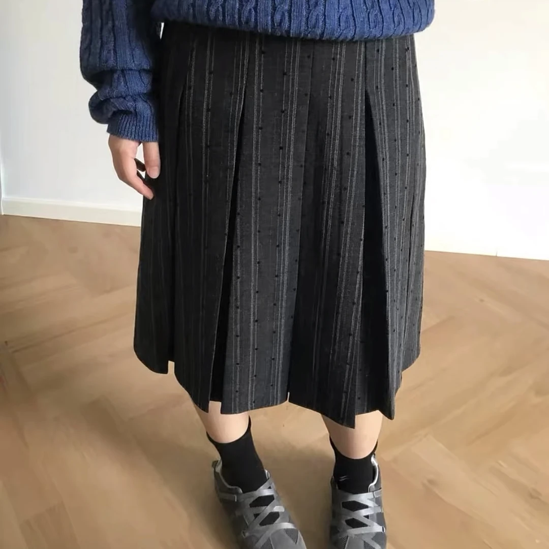 灰色波点百褶裙女秋冬裙子长款半裙新款小个子半身裙